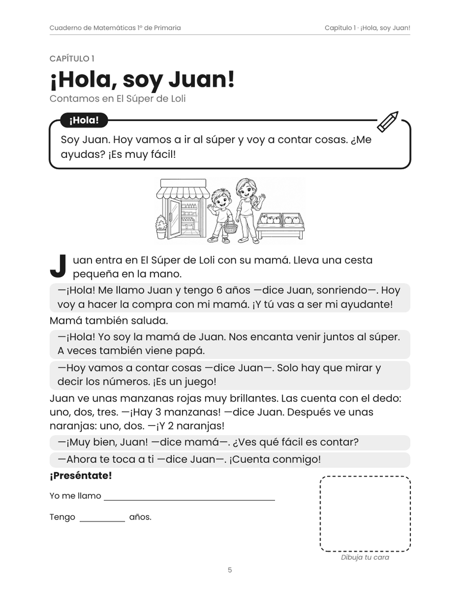 Página de historia «¡Hola, soy Juan!», del cuaderno de 1º